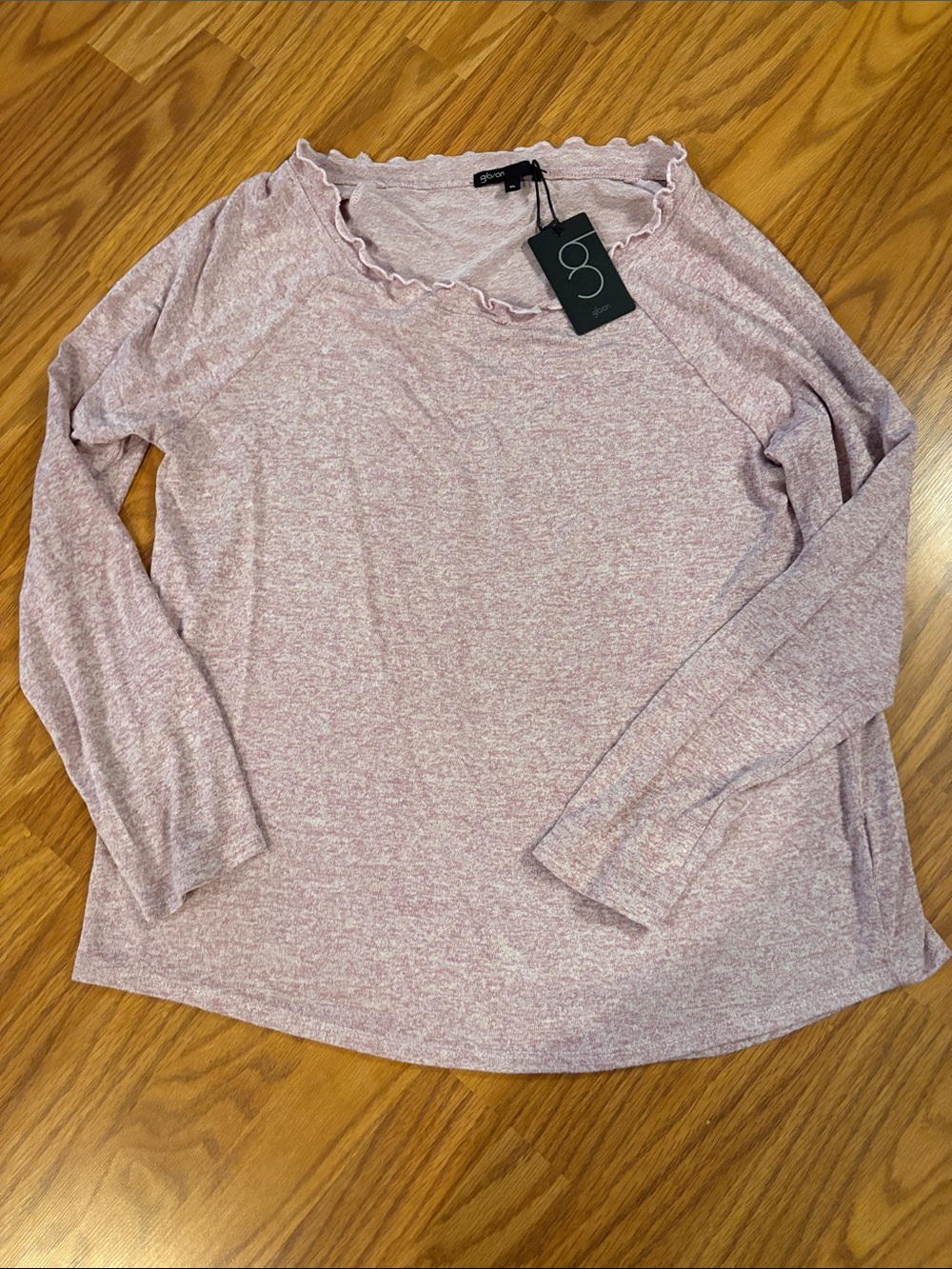 Gibson Heathered Light Pink Ruffle-Neck Long Sleeve sweater